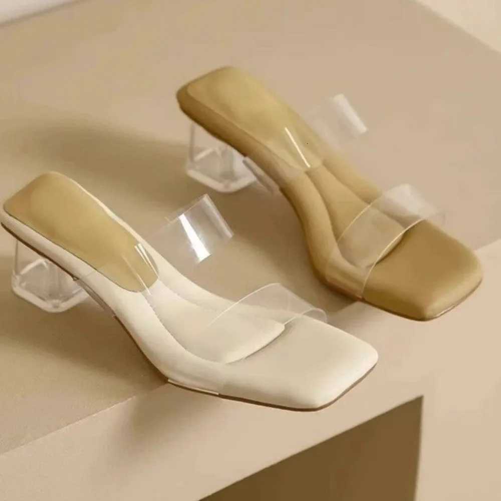 New Soft Padded Crystal Heeled Mules Woman Transparent Sandals Ladies Fashion Slip-on Square Toe Low Heel Clear Slipper Shoes K260311