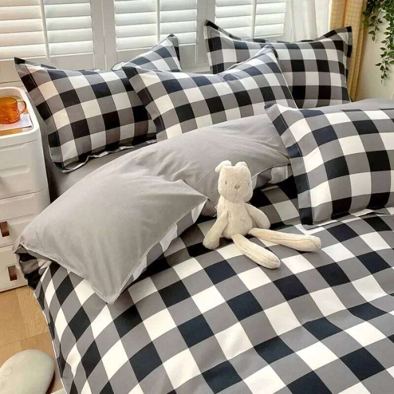 Plant Thickened Three Four Piece Bed Sheet Set Blue And White Large Grid H260311