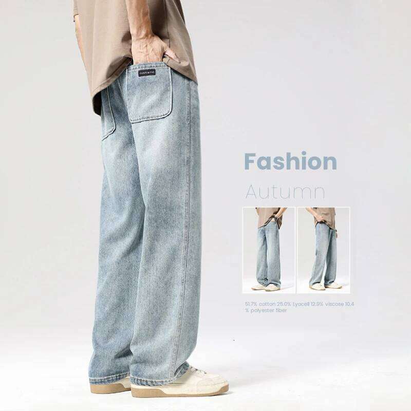 Autumn Casual Men's Straight Jeans Fashion Loose Vintage Elastic Waist Trousers Light Blue Personality Wide Pants Denim Male Z260225