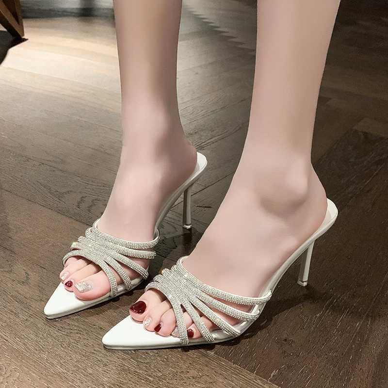 Sexy High Heels Slipper Women Summer Fashion CRYSTAL Narrow Band Pointed Toe Slides Stripper Party Sandal Mule Shoes K260311