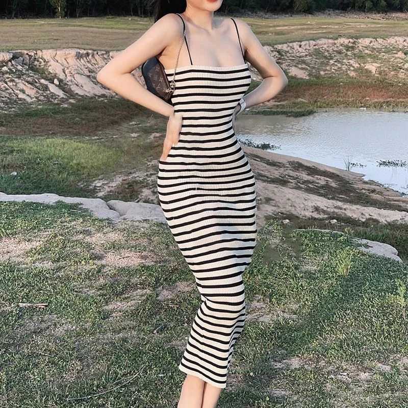 Striped Knitted Slim Dresses Womens Summer Skinny Sleeveless Bodycon Long Dress Casual Holiday Wrap Hip Sundress M260311