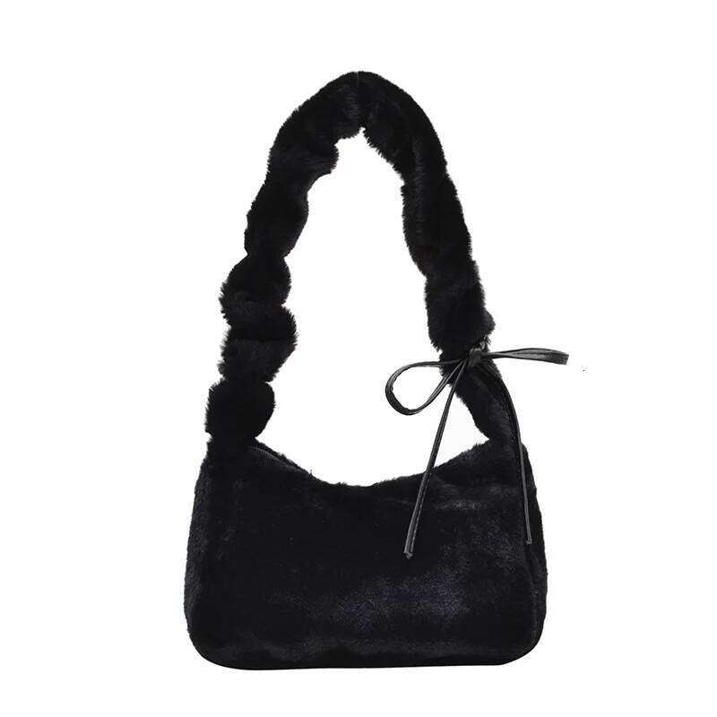 Winter Soft Plush Women Shoulder Underarm Bags Simple Solid Color Ladies Pleated Strap Handbags Portable Female Phone Bag Purse XJ260311