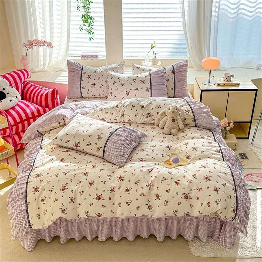 Korean Comforter Bedding Washed Cotton Four-Piece Princess Printed Soft Bed Linen Duvet Set Floral Quilt Cover H260311