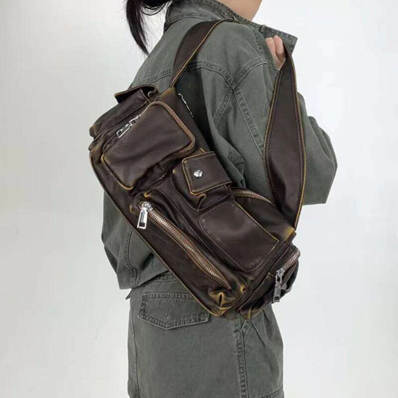 Women Y2k Leather With Wide Shoulder Strap Zipper Handbag Creative Multi Pocket Design Underarm Motorcycle Bag XJ260311