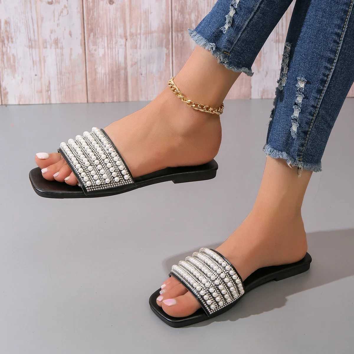 Fashion Solid Color Water Diamond Pearl Flat for Womens Summer New Style One Step Stepping Home K260311