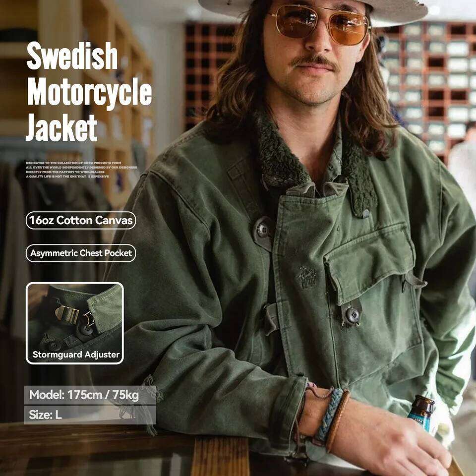 Maden Retro 16oz Canvas Swedish Motorcycle Green Pocket Bomber Jacket Casual Hunting Work Outwear for Men Spring and Fall 26H0311
