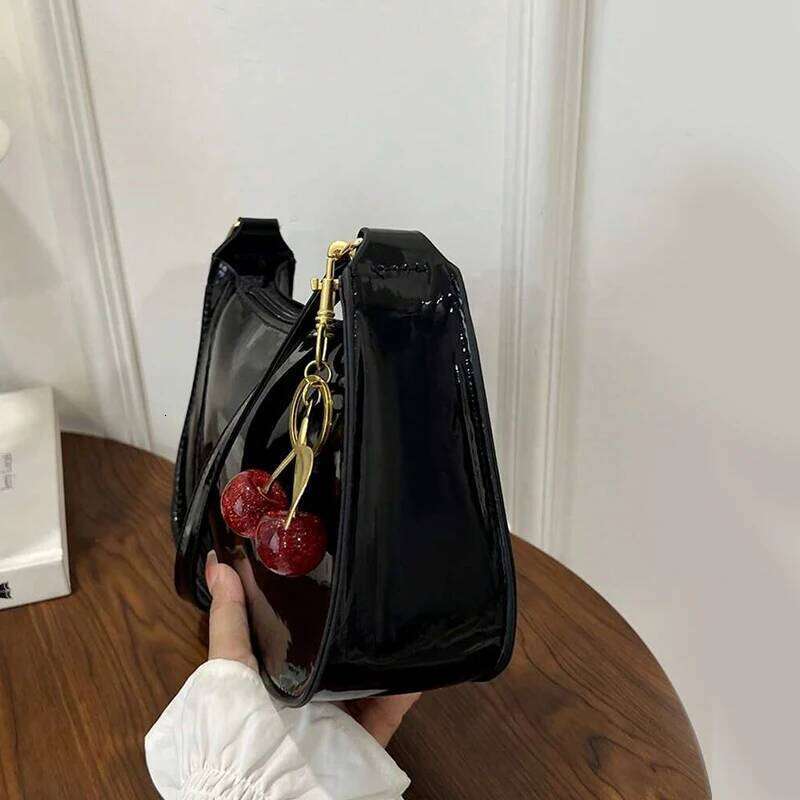 Glossy PU Leather Handbag Versatile Fashion Solid Color Cherry Pendant Shoulder Casual Commuting Tote Girls Underarm Bag XJ260311