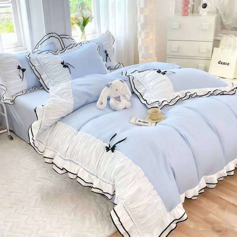 4pcs Blue Bow Duvet cover set 1*Duvet Cover + 2*Pillowcase+ 1flat sheet Bedding Set, Soft Comfortable H260311