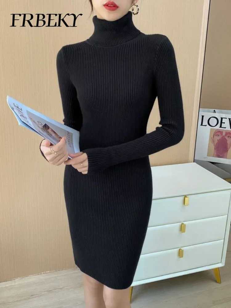 Autumn New Korean Turtleneck Knitted Dress Pure Color Bodycon Sweater Dress Office Lady Pullover Casual Elegant Knitwear Jumper M260311