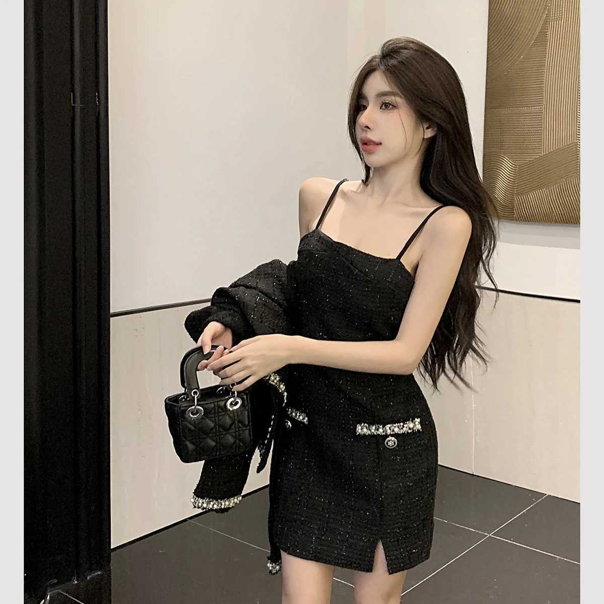 Autumn Small Fragrance Women 2 Piece Set Beaded Tweed Short Jacket Coat Bodycon Mini Dress Elegant Fashion Party Dress SuitT260311 - view 6