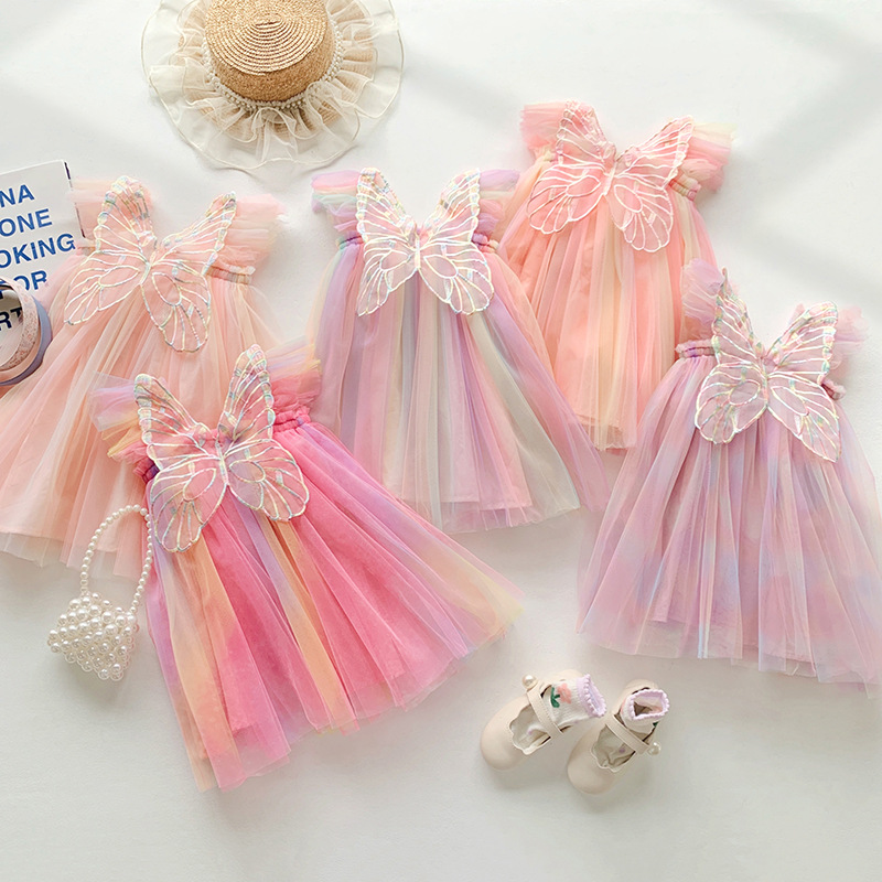 Girl Butterfly Wing Tulle Dress, Toddler Rainbow Princess Tutu for Birthday Party