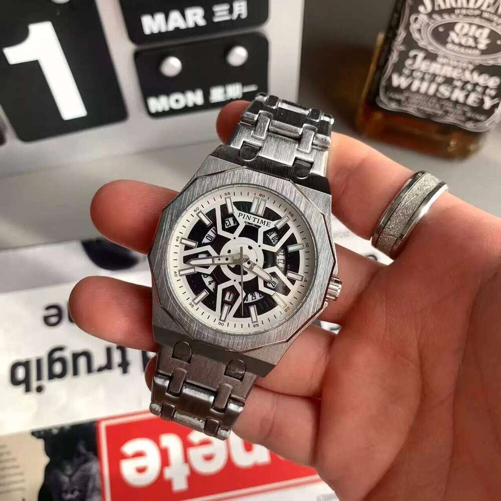 Men's Fashionable Mechanical Style Skeleton Octagonal Calendar Quartz Watch with Steel Bracelet Unisex Timepiece Men gift