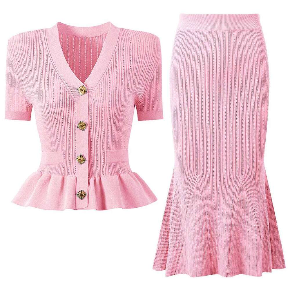 Five Color High Version New Diamond Button Versatile Short Sleeved Knitted Top Cardigan Fish Tail Slim Half Skirt Set