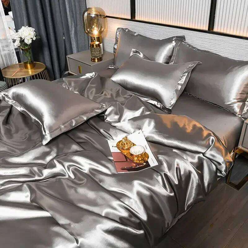 Nordic Satin Silk Bedding Set with Duvet Cover Bed Sheet Pillowcases Solid Single Double Couple Pillow Case Bedsheet H260311