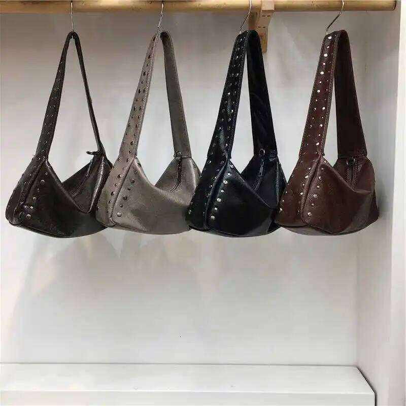Punk Style Rivet Design Soft Leather Underarm Bags Women Solid Color Casual Shoulder Bag Large Capacity Lady Handbags XJ260311