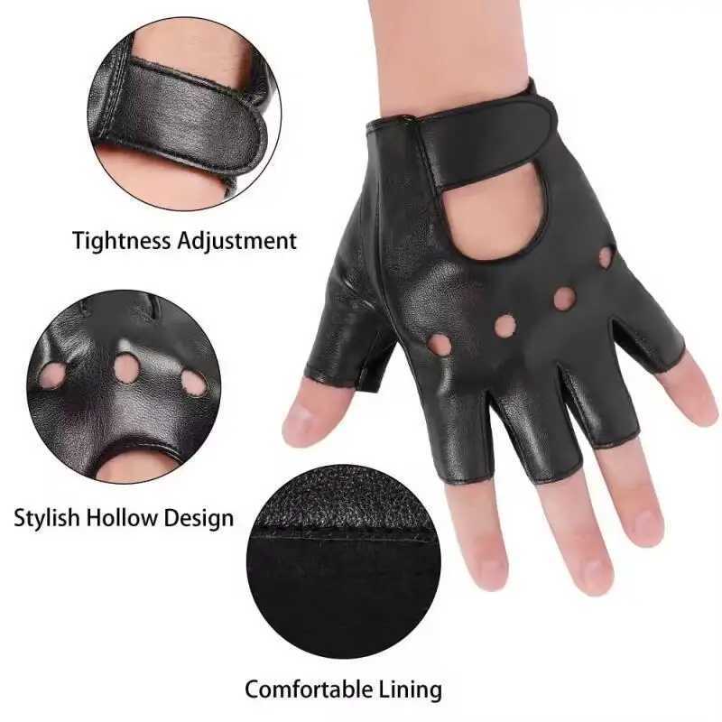 Punk Dark Style Street Dance Half Finger Gloves for Men PU Soft Leather Motorcycle Riding Gloves Trendy Breathable Cool Gloves M260311