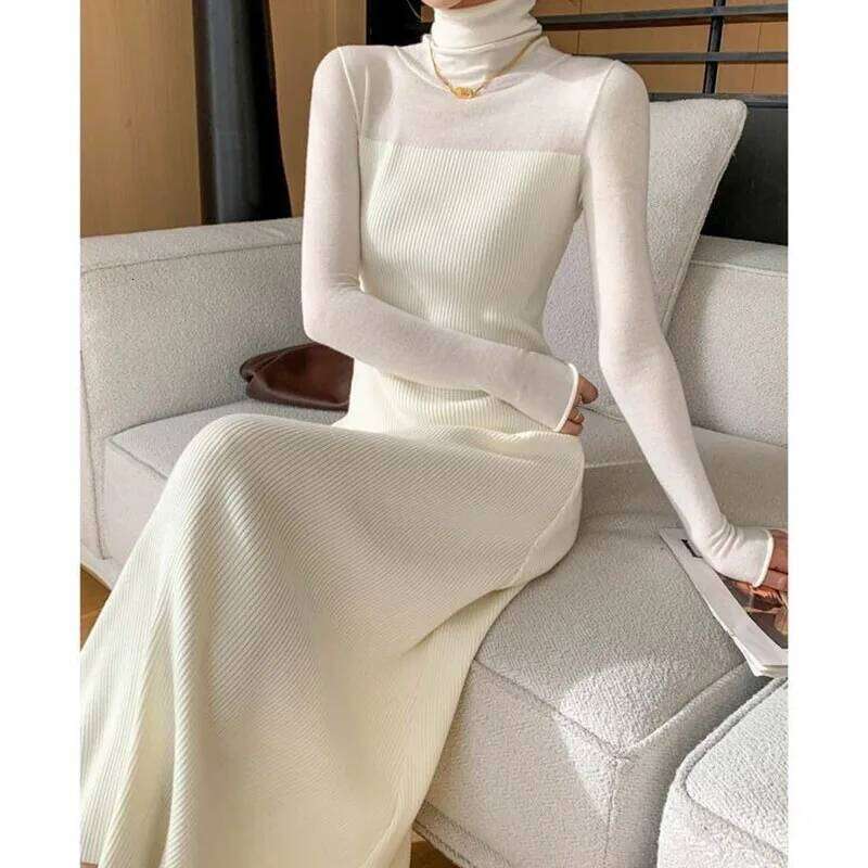 White Turtleneck Knitted Dress in Autumn Winter New Fit Slim Bottoming Hip-covering Long Skirt Z260311