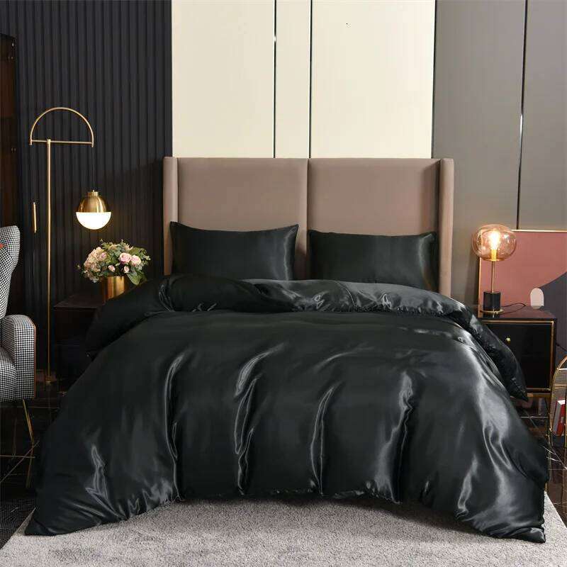 3pcs Satin Duvet Cover Set Bedding Sets Queen Black Series Rich Silk Silky Soft Solid Sexy Honeymoon Wrinkle Free H260311