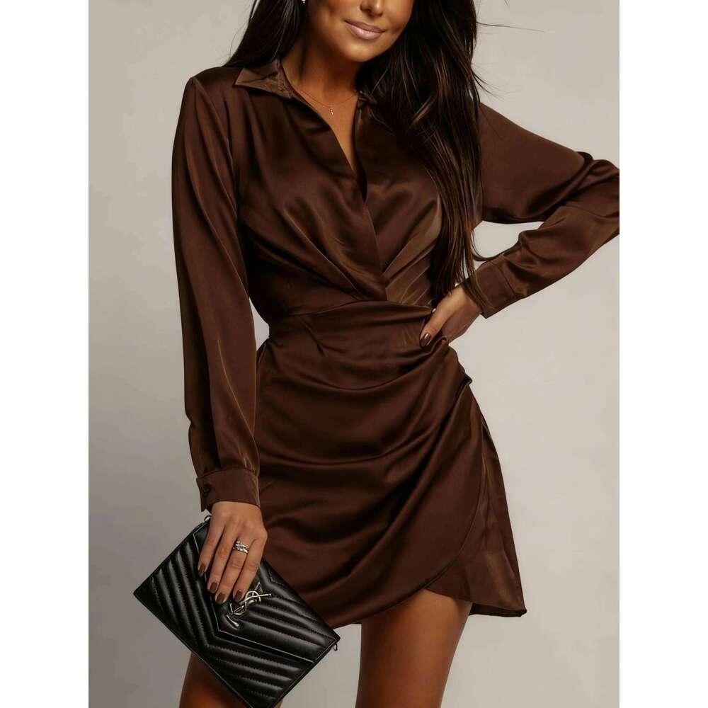 Sophisticated Satin Shirt - Elegant Fitted Mini Dress with Long Sleeves & Collar Perfect for Evening Events Z260311