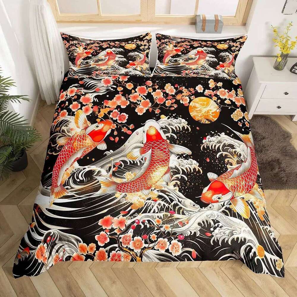 Japanese Samurai Bedding Set Full Size Cherry Blossoms Comforter Red Sun Hokusai Duvet Fuji Mountain Quilt Cover H260311