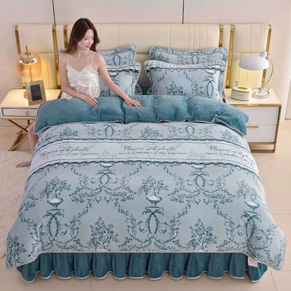 Winter Warm Floral Printed Bedding Milk Velvet Queen Anti-static Thickened Duvet Cover Pillowcase Bed Skirt Four Piece Set H260311