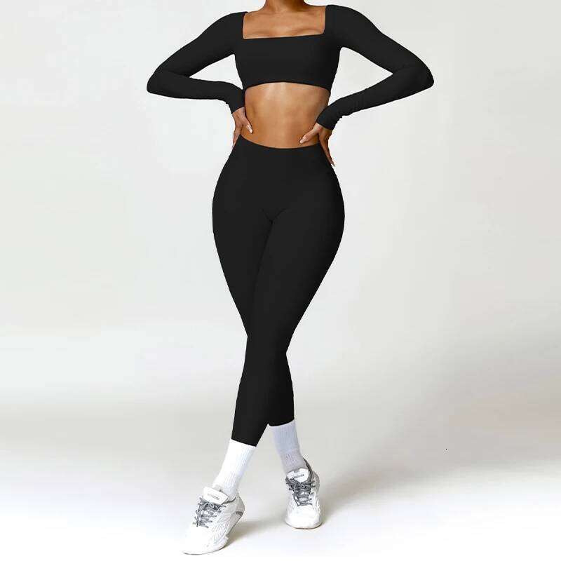 Hearuisavy 2PCS Long Sleeve Gym Set Yoga Clothes Quick-Drying Sportswear Running Leggings Workout Sports Crop Top Women 26H0311