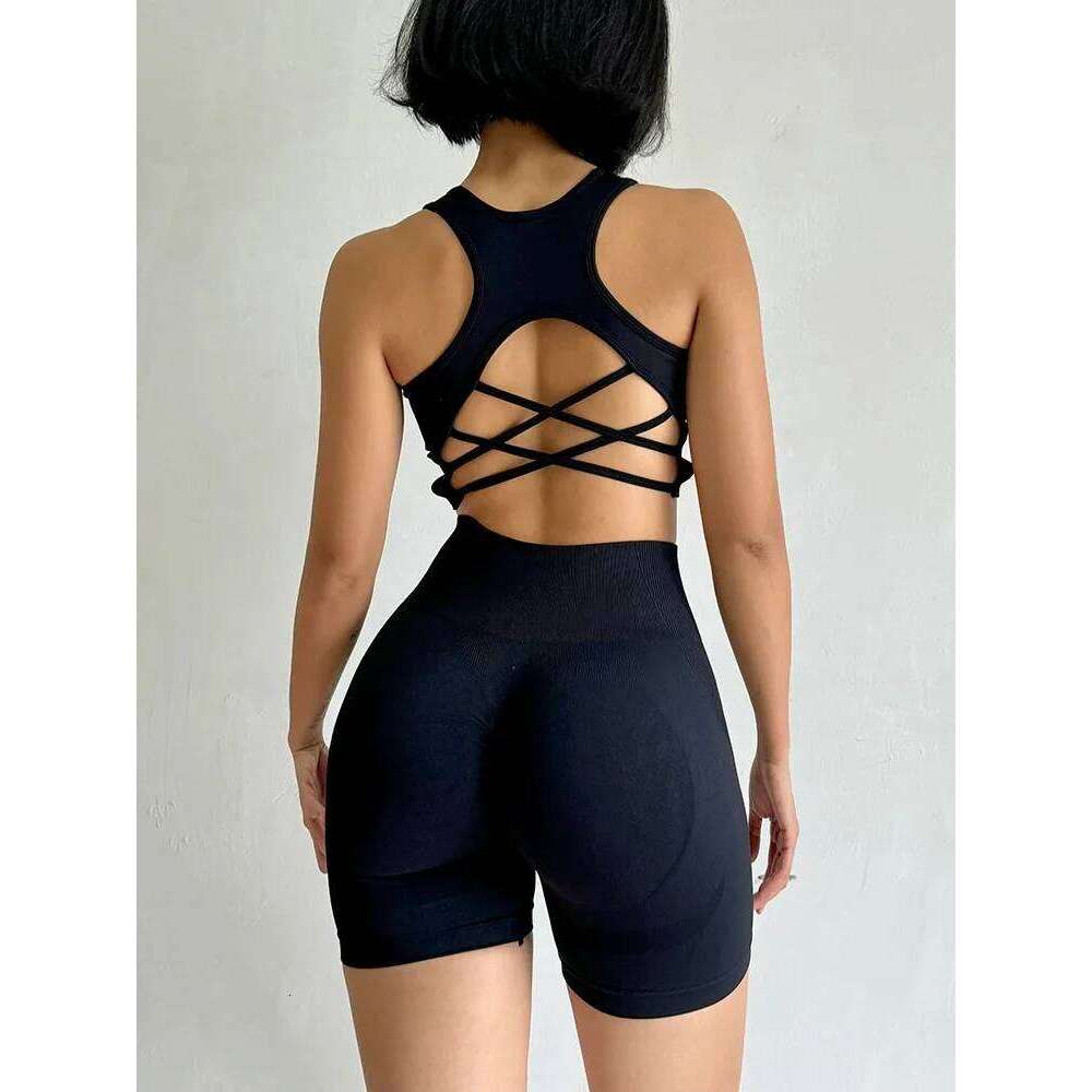 2 PCS Women's Seamless Yoga Set Sexy Sport Bra High Waist Sports Shorts Gym Fitness Sleeveless Workout Suit Sporstwear 26H0311