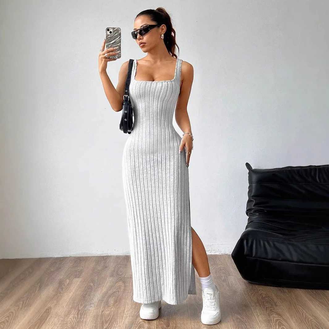 Elegant Slim Knitted Dresses Women New Sexy Hollow Out Backless Bodycon Long Dress Streetwear Fashion Casual Solid Lady Dress M260311