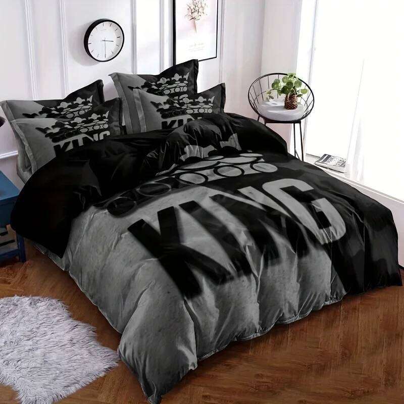 Grey Black King Size Bed Pattern Down Duvet Cover Set, Soft Comfortable Bedroom and Dormitory Decoration Bedding Set H260311