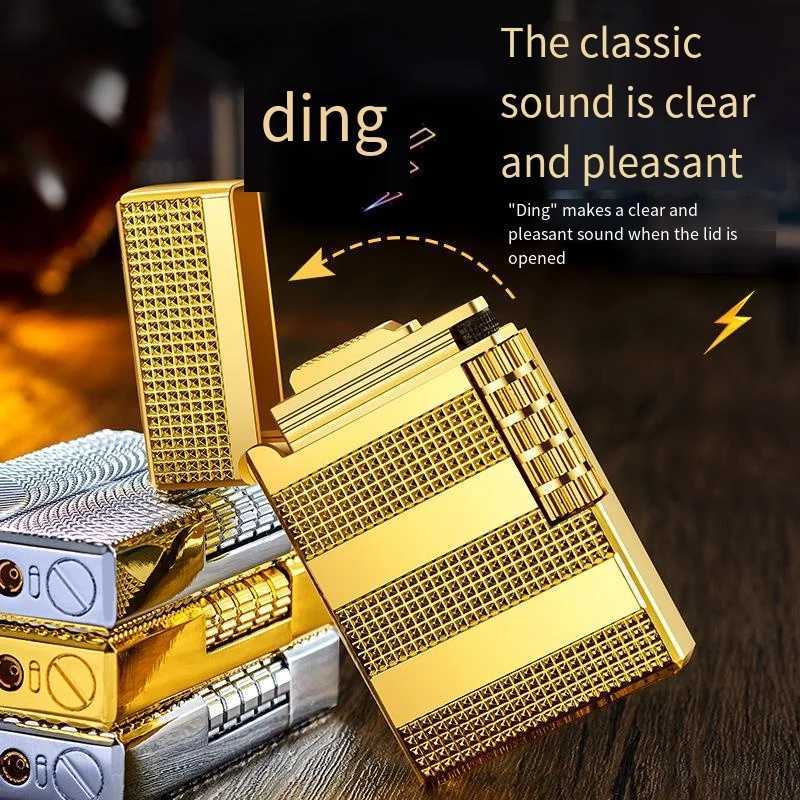 Brass Open Flame Butane Gas Lighter Brass Flip Side Slip Retro Classic Steel Loud Sound Pattern Mens Gift High-end New N260311