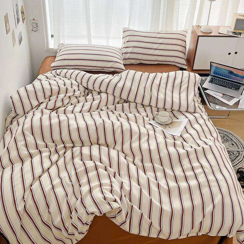 Bed Linen Duvet Cover Home Sheets Comforter Kpop Blogger Style Striped Four-piece Set Brushed Three-piece of Bedding H260311