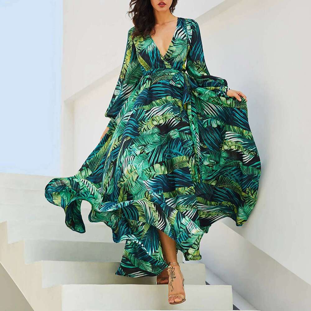 Women's Temperament V-Neck Backless Dresses Summer Boho Green Leaf Print Maxi Dress For Beach Elegant Pleated Sundress Vestidos