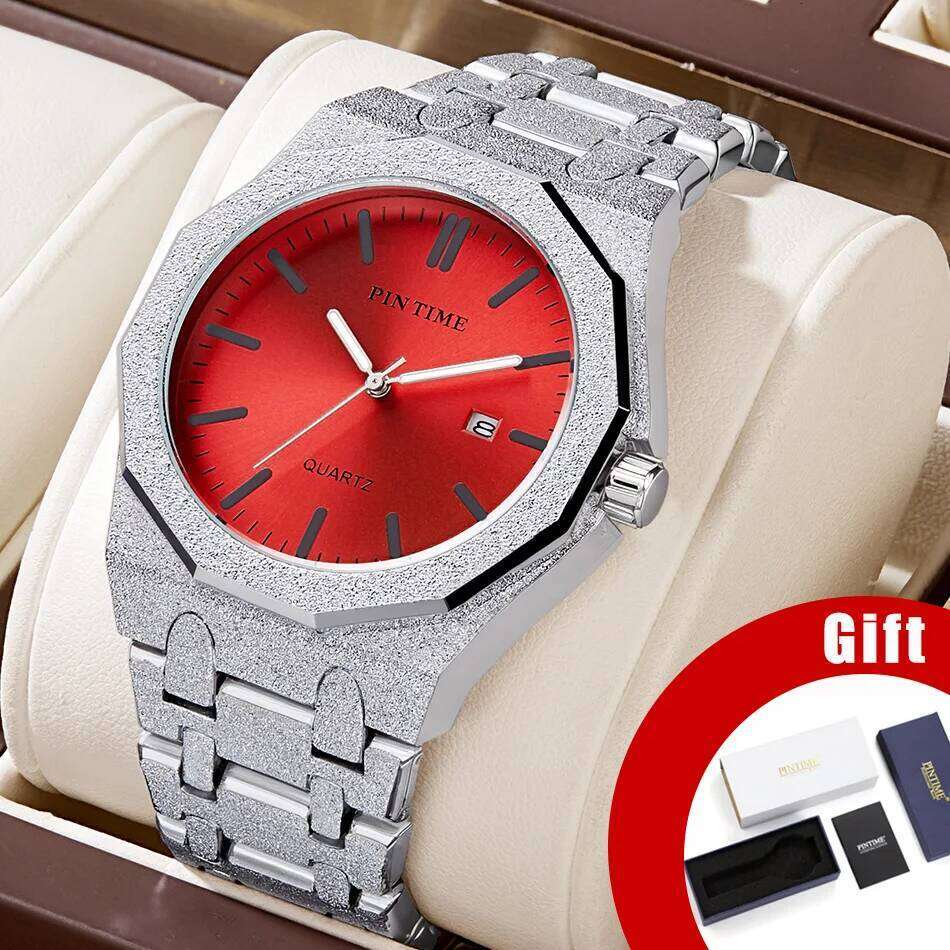 Octagon Wristwatch Glitter Textured Case Purple Dial Date Display Quartz Unisex Stylish Trendy Casual Fashion Watch