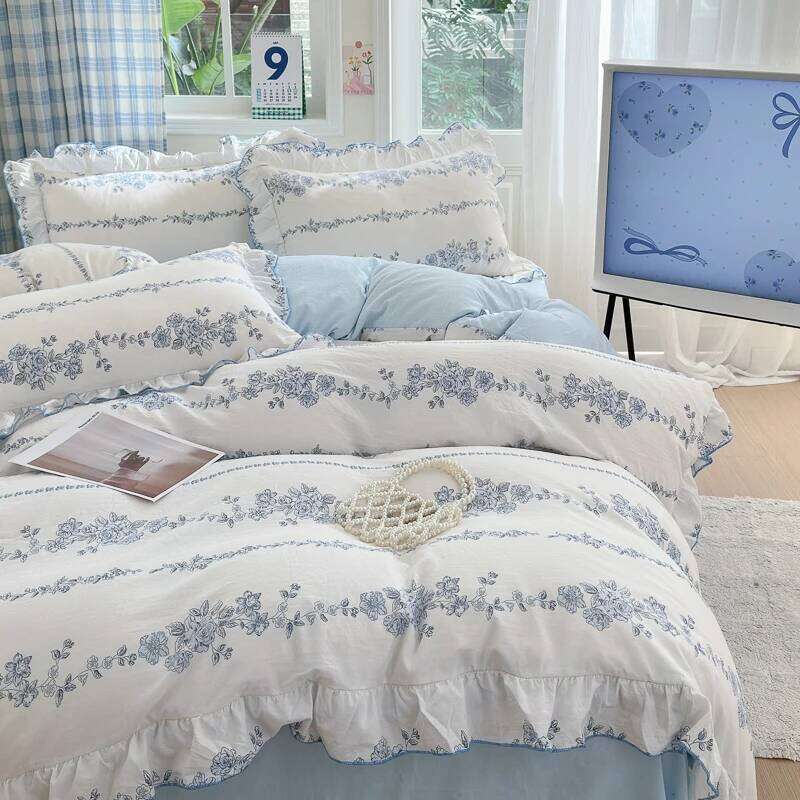 4pcs Korean lace Duvet 1*Duvet Cover +1 flat sheet + 2*Pillowcase, Without Core, Fresh Flower Print Bedding Set H260311