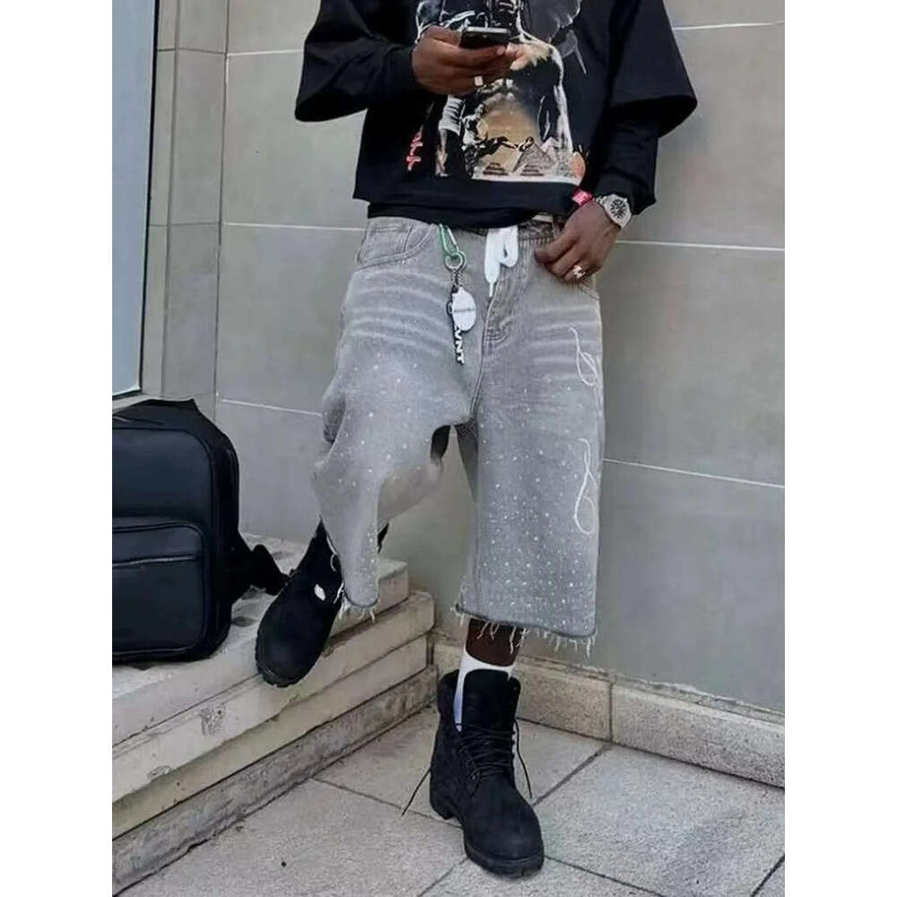 Men's Shorts Vintage Washed Rhinestone Denim Jeans Hip Hop Letter Embroidery Sequin Shiny Baggy Short Low Waist Over The Knee Pant Men's Clo