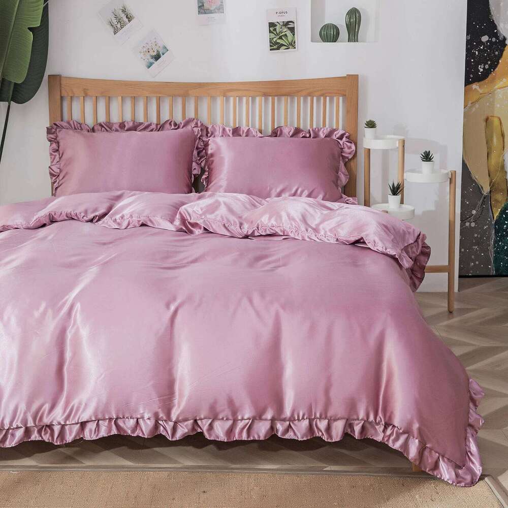 3PCS Satin Duvet Set Silk Rose red And Pink Bedding Comforter Cover Ruffle Pattern Silky Bed set Soft H260311