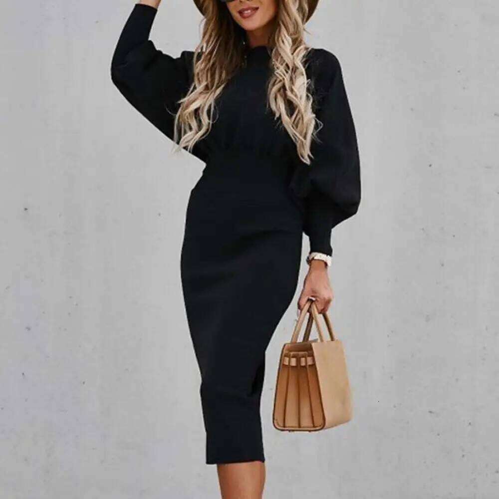 Crew Neck Elegant Lantern Sleeve High Waist Women Bodycorn Autumn Winter Office Ladies Midi Dress Z260311