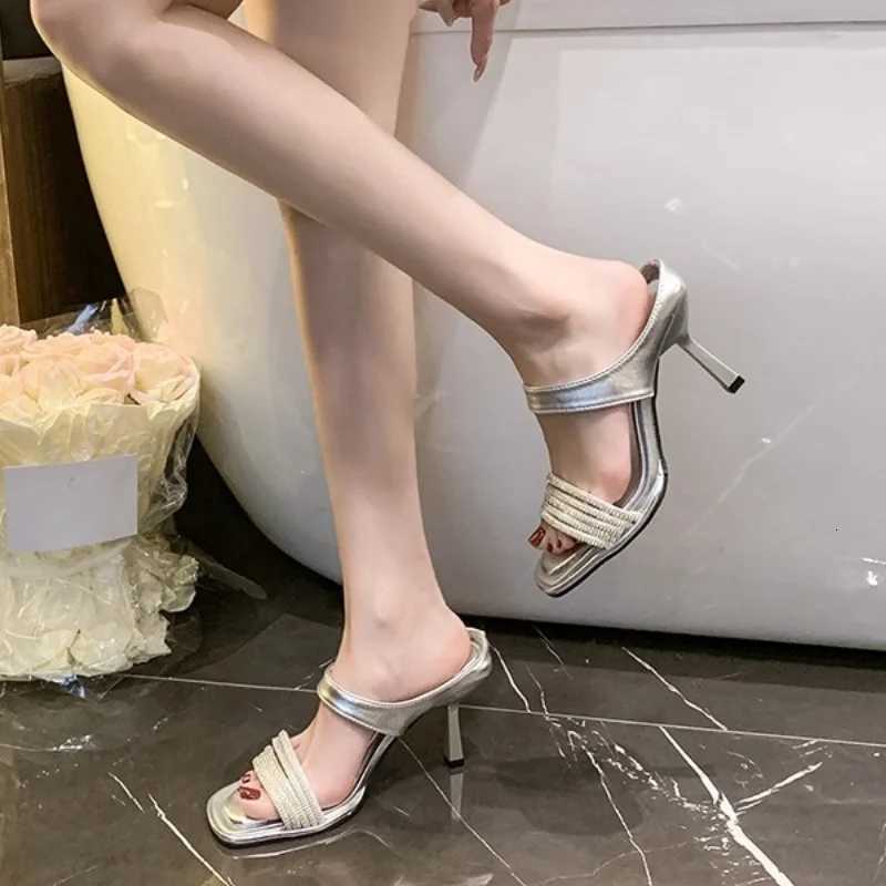 Elegant Summer Square Toe High Heel Slippers Crystal Embellished Dress Shoes for Women Street Style Ladies Slides K260311