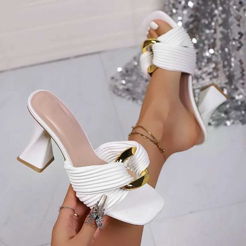 Designer Metal Decoration Slip On Sandals Square Toe Super High Heels Party Women Strange Heels Slides K260311