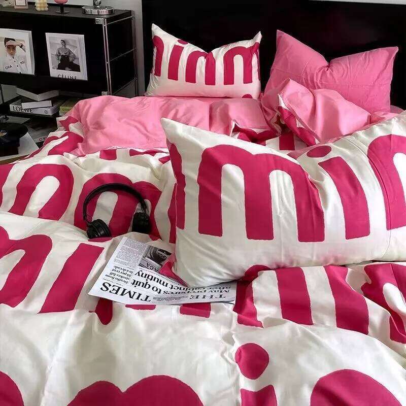 Korean Style Pink Letter Bedding Set Flat Sheet Pillowcase Twin Full Queen Size Bed Linen Women Girls Duvet Cover No Filling H260311