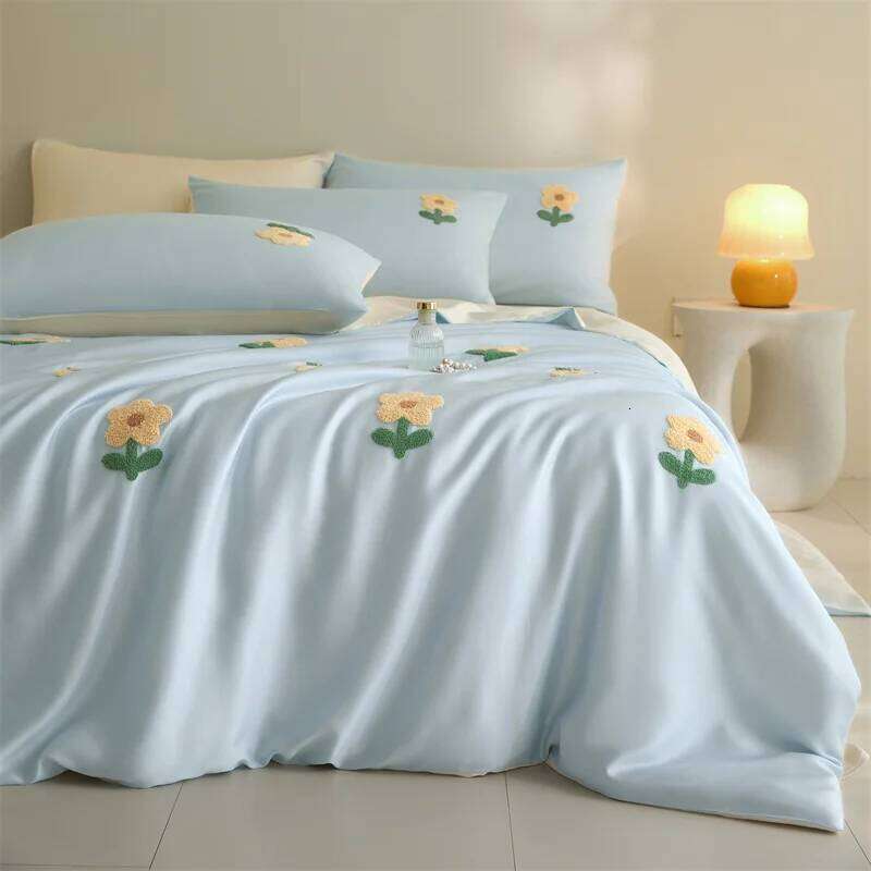 3pcs Blue Duvet Set 1*Duvet Cover + 2*Pillowcase, Without Core,Sun flowers embroidery Bedding Set, Soft Comfortable H260311