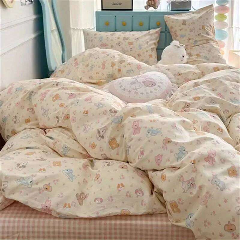 Cute Cartoon Bedding Set New No Filler Ins Soft Duvet Flat Sheet Pillowcases Twin Queen Size Girls Boys Comforter Cover H260311