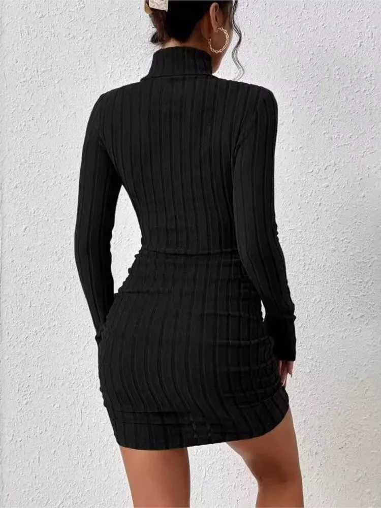 New Solid Dresses Autumn Winter Women Long Sleeves Turtleneck Sexy Bodycon Sheath Mini Dress Club Elegant Party Knitted Dresses a04 M260311