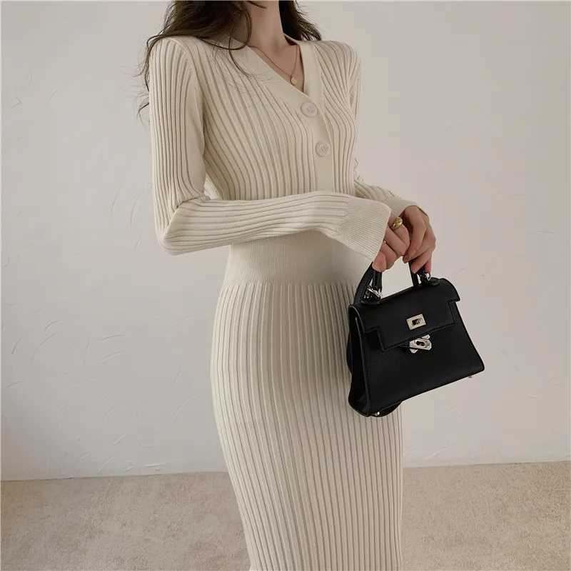 Autumn Winter Womens Dress Button V-Neck Knitted Party Long Sleeve White Long Dress Bodycon Casual Elegant Ladies Dresses M260311