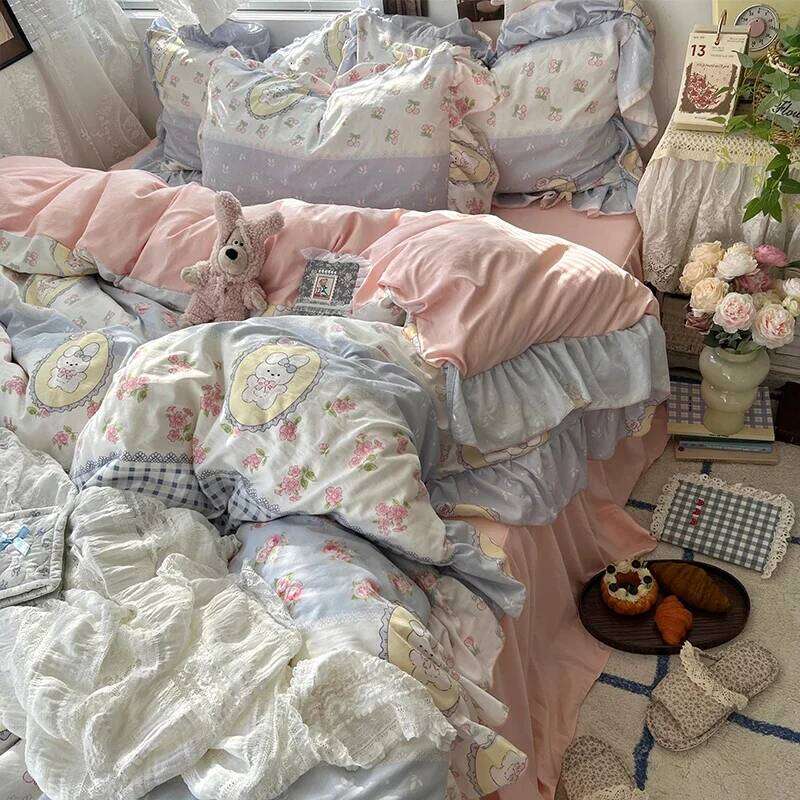 3/4Pcs Korean Princess Style Floral Ruffles Bedding Skin-friendly Soft Duvet Cover Set Sheet Or Bed Skirt Pillowcases H260311