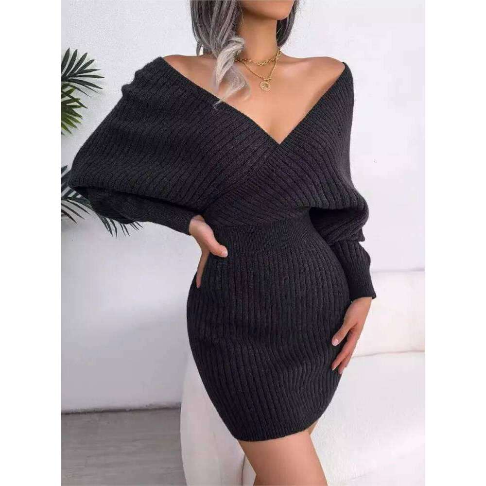 Women Knitted Sexy Cross V-neck Bat Sleeve Hip Pack Dress Autumn Nightclub Female Waist Hugging Short Bottom Sweater Skirt Z260311