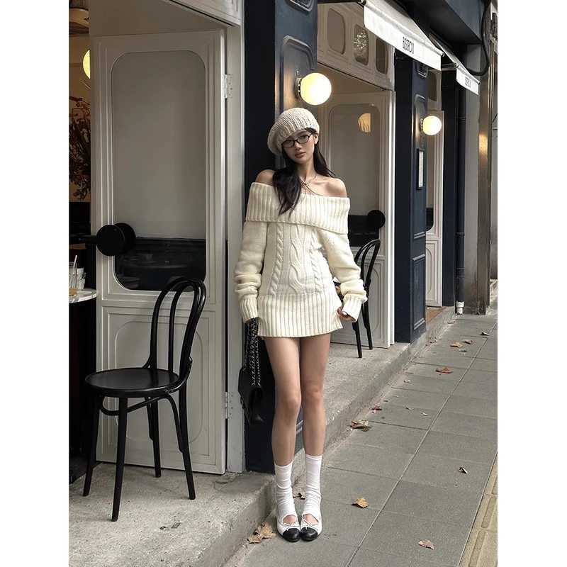 YIABSHU Slash Neck Off-Shoulder Knitted Sweater Dress Women Spring Autumn American Retro 2000s Sexy Slim Fit White Short Skirt M260311