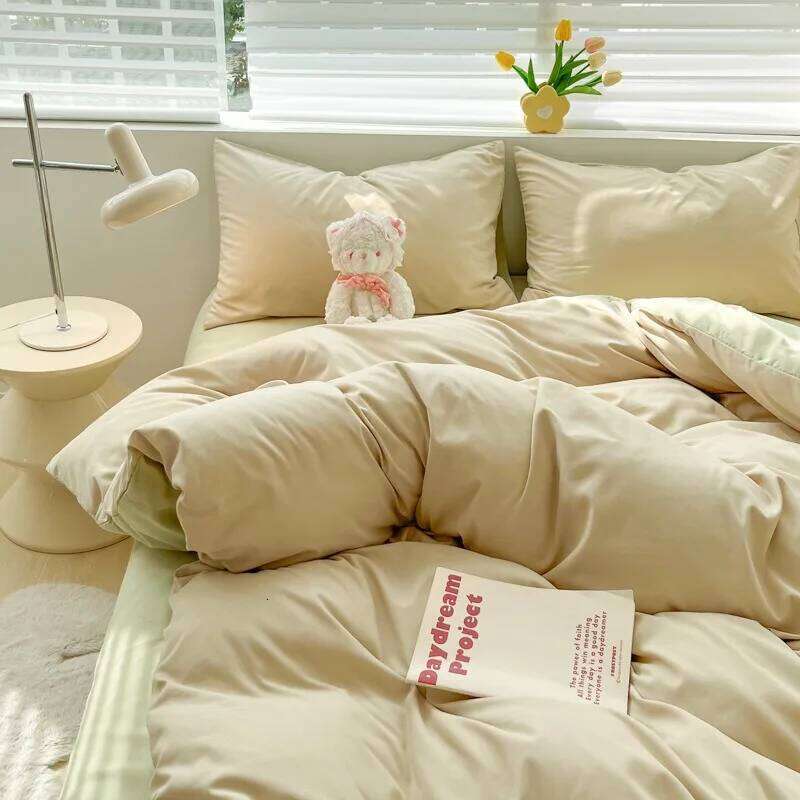 Nordic Simple Style Solid Color Double Washable Cotton Quilt Cover Four Piece Set Single Dormitory Sheet 3pcs H260311