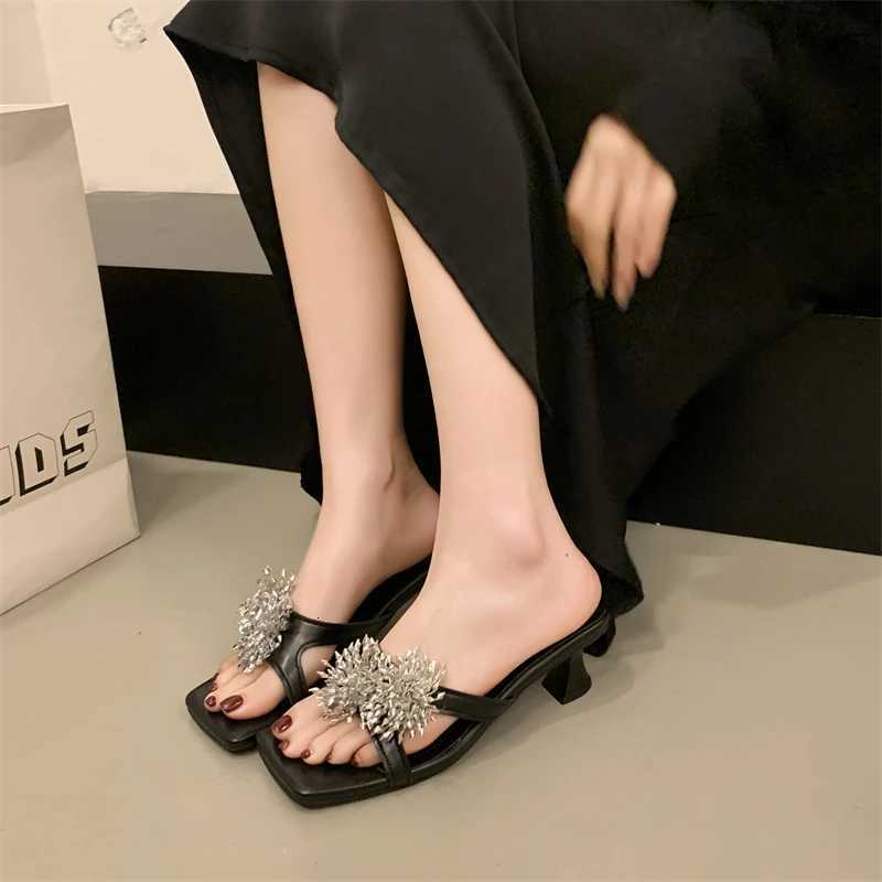 Summer Elegant Shoes for Women Open-Toe Womens Fashion Rhinestone Mid Heel Crystal Stiletto Sandals Outdoor High Heels K260311