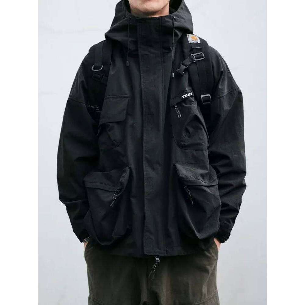 Mountaineering outfit with multiple pockets, street mountain windproof hooded jacket, retro men's wear, casual work pants 26H0311